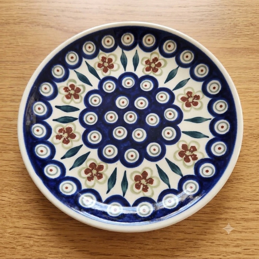 Vintage Boleslawiec Polish Pottery Peacock Eye Floral Dessert Plate Hand Made